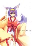  animal_ear_fluff animal_ears artist_name bad_id bad_pixiv_id blush bow chestnut_mouth copyright_name fox_ears fox_tail hairband hatsuse_izuna highres japanese_clothes looking_at_viewer nncat no_game_no_life open_mouth purple_hair short_hair slit_pupils solo tail wide_sleeves yellow_eyes 