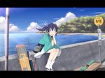  anime_coloring arrow blue_eyes blue_hair blue_sky bus_stop cloud day flight_deck forest japanese_clothes kantai_collection letterboxed long_hair long_sleeves mountain nature ocean quiver radar ribbon sign signpost sitting skirt sky smile solo souryuu_(kantai_collection) tbonjobi_(sukemasa) tree twintails water 