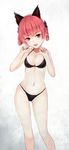  animal_ears bad_id bad_pixiv_id bikini black_bikini braid breasts cleavage cowboy_shot extra_ears kaenbyou_rin looking_at_viewer medium_breasts midriff navel open_mouth paw_pose qunqing red_hair solo standing swimsuit teeth touhou 