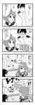  3girls 4koma :d admiral_(kantai_collection) bangs blunt_bangs bug butterfly cannon comic explosion greyscale hair_ornament hat hawe_king highres insect kantai_collection kitakami_(kantai_collection) military monochrome multiple_girls neckerchief ooi_(kantai_collection) open_mouth peaked_cap recoil sailor_collar school_uniform serafuku short_hair smile translated turret yukikaze_(kantai_collection) 
