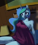  anthro anthrofied bed blanket cleavage clothed clothing equine female frame friendship_is_magic hair horn lamp mammal multi-colored_hair my_little_pony princess_celestia_(mlp) purple_eyes sitting solo swomswom winged_unicorn wings 