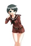 :p arm_behind_back black_hair blue_eyes kantai_collection kasumi_ryou looking_at_viewer mogami_(kantai_collection) short_hair shorts simple_background solo tongue tongue_out white_background 