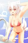  :d alternate_costume animal_ears armpits bad_id bad_pixiv_id bikini blue_sky blush breasts cleavage cloud collarbone covered_nipples day fang hajime_(ak-r) hanging_breasts highres inubashiri_momiji large_breasts lens_flare micro_bikini navel open_mouth red_bikini red_eyes silver_hair sky smile solo swimsuit tail touhou underboob white_hair wolf_ears wolf_tail 