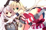  :d amatsukaze_(kantai_collection) anchor blonde_hair brown_eyes elbow_gloves garter_straps gloves green_eyes hair_ornament hair_ribbon izumiyuhina kantai_collection long_hair multiple_girls open_mouth rensouhou-kun ribbon shimakaze_(kantai_collection) silver_hair smile striped striped_legwear thighhighs two_side_up 