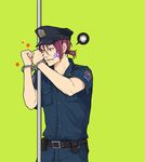  anger_vein cuffs free! future_fish green_background handcuffs hat male_focus matsuoka_rin pole police police_hat police_uniform ponytail red_eyes red_hair spoken_squiggle squiggle twoframe uniform 