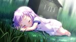 1girl barefoot chiri_(atlanta) chuablesoft eyes_closed game_cg highres long_hair minamori_hime purple_hair sleeping wagaya_no_himegami-sama! 