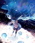  absurdly_long_hair bad_id bad_pixiv_id bangs big_hair blue_hair boots closed_eyes detached_sleeves dutch_angle floating_hair hair_spread_out hands_on_headphones hatsune_miku lake leaning_forward long_hair miniskirt music necktie night night_sky orbit orbital_ring petals planet see-through_silhouette singing skirt sky solo sphere standing standing_on_liquid star_(sky) tang_elen thigh_boots thighhighs twitter_username very_long_hair vocaloid zettai_ryouiki 