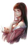  bangs bespectacled black_hair blunt_bangs branch breast_hold breasts breasts_outside erinerin99 glasses hand_on_own_chest houraisan_kaguya jeweled_branch_of_hourai large_breasts long_hair looking_at_viewer nipples red_eyes semi-rimless_eyewear smile solo touhou under-rim_eyewear upper_body 