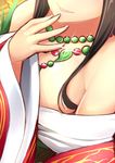  absurdres bare_shoulders beads black_hair breasts dean hand_to_own_mouth head_out_of_frame highres japanese_clothes jewelry kimono kushinada_(p&amp;d) large_breasts lips long_hair long_sleeves magatama necklace off_shoulder puzzle_&amp;_dragons solo sparkle upper_body 