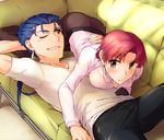  1girl bazett_fraga_mcremitz blue_hair fate/hollow_ataraxia fate_(series) jacket jacket_removed lancer long_hair misoiri_(gokutsubushi) mole mole_under_eye ponytail purple_eyes purple_hair red_eyes 