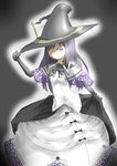 akemi_homura black_gloves black_hair dress gloves hair_over_one_eye hat hat_tip homulilly isshiki_(kuroneko) long_hair magical_girl mahou_shoujo_madoka_magica mahou_shoujo_madoka_magica_movie purple_eyes simple_background solo spoilers witch_(madoka_magica) witch_hat 