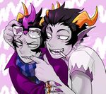  black_hair cape cigarette cronus_ampora eridan_ampora eyewear_removed fangs gills glasses grey_skin homestuck jewelry lowres mihirahira multiple_boys nail_polish open_mouth poking ring scarf short_hair smile striped striped_scarf troll_(homestuck) white_eyes 