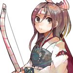  bow_(weapon) brown_eyes brown_hair flat_chest hachimaki hair_ribbon headband high_ponytail itomugi-kun japanese_clothes kantai_collection light_brown_hair long_hair long_sleeves muneate ponytail quiver ribbon solo weapon zuihou_(kantai_collection) 