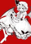  bad_id bad_pixiv_id barefoot bat_wings bloomers chikado curtsey dress fang flat_chest hat highres looking_at_viewer mizusaki_(tengoku) monochrome open_mouth red_background remilia_scarlet short_hair simple_background solo touhou underwear wings 