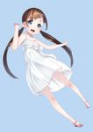  :d blue_background blue_eyes blush brown_hair bunny_hair_ornament dress dress_bow full_body hair_ornament kyon_(fuuran) long_hair looking_at_viewer mary_janes no_socks open_mouth original shoes smile solo sundress twintails white_dress 