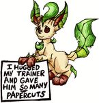  brown_paws crouching eeveelution fluffy fur grass guilty iroxykun leaf leafeon looking_guilty looking_up mammal nintendo plain_background pok&#233;mon pok&#233;shaming pok&eacute;mon pokemon_shaming pokeshaming tan_fur text video_games white_background 