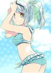  bangs bikini bow brown_eyes eyewear_on_head grey_hair hair_bow kantai_collection ponytail short_hair solo sorako_(sorako_oekaki) sunglasses swimsuit yuubari_(kantai_collection) 