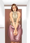  blush breast_press breasts brown_hair fuusen_club hair_bun hands_together hips huge_breasts lipstick long_hair makeup milf mole shiny shiny_skin skirt sleeveless sleeveless_turtleneck sweat thick_thighs thighs turtleneck wide_hips 