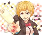  1girl blonde_hair breasts brown_eyes character_name food haikyuu!! ice_cream open_mouth piercing ribbon school_uniform short_hair star tanaka_saeko_(haikyuu!!) tongue 