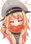  bad_id bad_nicoseiga_id bismarck_(kantai_collection) blush closed_eyes commentary_request eating food fruit hat highres kantai_collection long_hair okuva peaked_cap solo watermelon white_background 