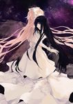  akemi_homura black_hair dress funeral_dress hairband highres hug issel kaname_madoka long_hair looking_at_viewer mahou_shoujo_madoka_magica mahou_shoujo_madoka_magica_movie multiple_girls pink_hair purple_eyes space spoilers star_(sky) two_side_up ultimate_madoka very_long_hair yellow_eyes yuri 