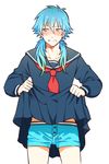  blue_hair blush boxers crossdressing dramatical_murder embarrassed long_hair male_focus male_underwear school_uniform serafuku seragaki_aoba skirt skirt_lift solo sora08 underwear white_background yellow_eyes 