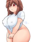  :o bad_id bad_pixiv_id banned_artist bottomless breast_squeeze breasts brown_hair covered_nipples curvy eno_konoe eyebrows huge_breasts mikomu naked_shirt no_panties open_mouth original plump red_eyes shirt shirt_tug short_hair solo thick_eyebrows thick_thighs thighs v_arms wide_hips 