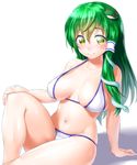  arm_support bare_shoulders bikini blush breasts cleavage collarbone covered_nipples frog_hair_ornament green_hair hair_ornament hair_tubes hand_on_own_knee kochiya_sanae large_breasts long_hair onsoku_maru shadow shiny shiny_hair shiny_skin sitting skindentation smile snake_hair_ornament solo swimsuit touhou yellow_eyes 