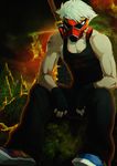  blonde_hair dirk_strider fingerless_gloves gas_mask gloves highres homestuck male_focus red_clouds ruins sitting solo sunglasses sword tank_top tattoo weapon 