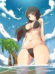  bad_id bad_pixiv_id bikini black_bikini black_hair blue_sky breasts cleavage covered_nipples cowboy_shot day from_below front-tie_top half_updo highres large_breasts long_hair navel original palm_tree parted_lips red_eyes shiny shiny_skin sky solo sparkle string_bikini swimsuit syouko tigersaber tree wading water_drop 