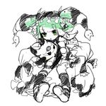  :o astaroth_(p&amp;d) bangs blunt_bangs bow cauchemar_(p&amp;d) creature dress frilled_bow frilled_dress frills green_eyes green_hair hairband hat highres holding horns jester_cap kneehighs pigeon-toed pikomarie puzzle_&amp;_dragons short_hair simple_background sketch solo spot_color twintails v-shaped_eyebrows white_background 