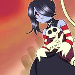  1girl blue_skin detached_collar detached_sleeves hair_over_one_eye leviathan_(skullgirls) red_eyes ringo_tou_hachimitsu side_ponytail sienna_contiello skull skullgirls squigly_(skullgirls) stitched_mouth striped_sleeves zombie 