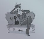  1girl batman_(series) bodysuit cat catwoman couch dc_comics female monochrome selina_kyle sitting solo 