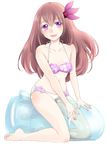  bikini brown_hair flower hair_ornament highres kantai_collection kisaragi_(kantai_collection) long_hair looking_at_viewer niwano_ichigo open_mouth purple_eyes solo swimsuit 