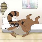  anthro ass_up bed bedroom biting_lip black_nose brown_fur butt cartoon cracked fur half-closed_eyes jerseydevil looking_at_viewer lying male mammal raccoon regular_show rigby ringed_tail seductive solo 