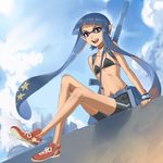  bike_shorts bikini_top blue_eyes blue_hair choker domino_mask flat_chest gun inkling long_hair long_legs looking_at_viewer mask miyo_(13th_floor) navel open_mouth pointy_ears rifle shoes shorts sidelocks sitting smile sneakers sniper_rifle solo splatoon_(series) splatoon_1 star weapon wristband 