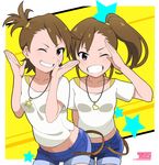  brown_hair denim denim_shorts futami_ami futami_mami grin haseneko heart heart_necklace highres idolmaster idolmaster_(classic) jewelry looking_at_viewer midriff multiple_girls navel necklace one_eye_closed purple_eyes salute shorts siblings side_ponytail sisters smile star star_necklace twins 