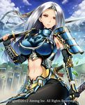  armor banner breasts cloud day elbow_gloves fingerless_gloves gloves headband japanese_clothes katana large_breasts leaf long_hair lord_of_knights navel navel_cutout parted_lips pyz_(cath_x_tech) red_eyes shoulder_pads silver_hair solo sword turtleneck unsheathed weapon wind 