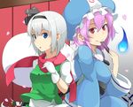  blue_eyes cherry_blossoms fan gloves haseneko hat konpaku_youmu konpaku_youmu_(ghost) looking_at_viewer multiple_girls petals pink_eyes pink_hair saigyouji_yuyuko scarf short_hair silver_hair smile spirits sword touhou weapon 