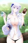  black_panties breasts can canned_coffee cleavage cryska_barchenowa cup dakimakura_(object) haganef highres large_breasts mug muvluv no_bra no_pants open_clothes open_shirt panties pillow purple_eyes shirt solo underwear white_hair 