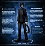  adam_sung black_fur blue_eyes boots cat clothing dan_scarlet feline fur jacket looking_at_viewer male mammal model_sheet pants pink_nose sci-fi solo superhero superpowers text white_fur 