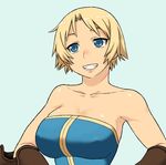  bare_shoulders blonde_hair blue_eyes breasts cleavage collarbone elbow_gloves final_fantasy final_fantasy_tactics gloves grin large_breasts monk_(fft) short_hair smile solo tsukudani_(coke-buta) unitard upper_body 