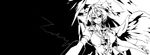  arm_cannon bow cape collared_shirt feathered_wings frilled_shirt_collar frills greyscale hair_bow highres long_hair melon22 monochrome puffy_short_sleeves puffy_sleeves reiuji_utsuho shirt short_sleeves solo third_eye touhou weapon wings 