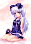  angel_beats! bare_legs bare_shoulders barefoot blue_hair bow dark_persona dress dress_lift hair_bow long_hair looking_at_viewer one_side_up red_eyes shiny shiny_skin sitting solo tenshi_(angel_beats!) wariza zen 