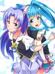  arm_warmers blue_eyes blue_hair blue_skirt blush brooch cure_fortune cure_princess earrings fortune_tambourine frills hair_ornament happinesscharge_precure! heart heart_hair_ornament hikawa_iona jewelry kagomikan313 long_hair magical_girl multiple_girls necktie precure purple_eyes purple_hair purple_skirt shirayuki_hime skirt smile twintails wide_ponytail wrist_cuffs 