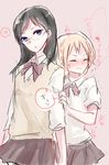  2girls ? black_hair blonde_hair blue_eyes blush eyes_closed glasses haikyuu!! long_hair mole multiple_girls pink_background ribbon school_uniform shimizu_kiyoko short_hair side_ponytail skirt yachi_hitoka 