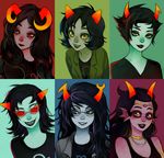  aradia_megido asymmetrical_horns black_hair choker coat fangs feferi_peixes glasses goggles grey_eyes grey_skin homestuck horns jacket jewelry kanaya_maryam lipstick long_hair makeup multiple_girls necklace nepeta_leijon oversized_clothes realistic red-tinted_eyewear red_sclera sharp_teeth short_hair smile teeth terezi_pyrope troll_(homestuck) upper_body vriska_serket yellow_sclera 