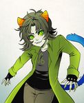  black_hair claws coat fangs fingerless_gloves gloves green_eyes grey_skin homestuck horns jin-nyeh leo nepeta_leijon oversized_clothes sharp_teeth short_hair slit_pupils smile solo tail teeth troll_(homestuck) yellow_sclera 