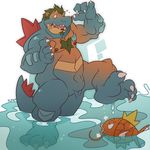  balls big_paws big_tail blue_skin chubby feraligatr green_hair hair kuma magikarp male musclegut nintendo nipples pok&#233;mon pok&eacute;mon reptile scalie sheath transformation video_games water 