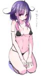  bikini black_bikini breasts covered_nipples kantai_collection looking_at_viewer medium_breasts micro_bikini navel purple_hair red_eyes seiza sitting solo swimsuit taigei_(kantai_collection) tenken_(gotannda) translated 